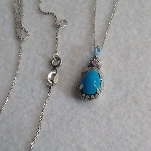 Elegant 14KT  White Gold 30 inch Chain Pendant 3/4 inch 925 Cabochon